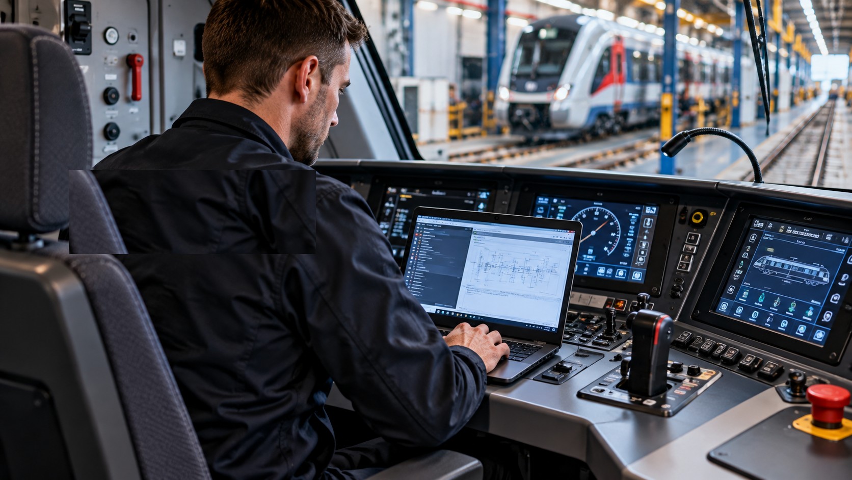 Techniker arbeitet mit einem Diagnoselaptop im Führerstand eines Schienenfahrzeugs